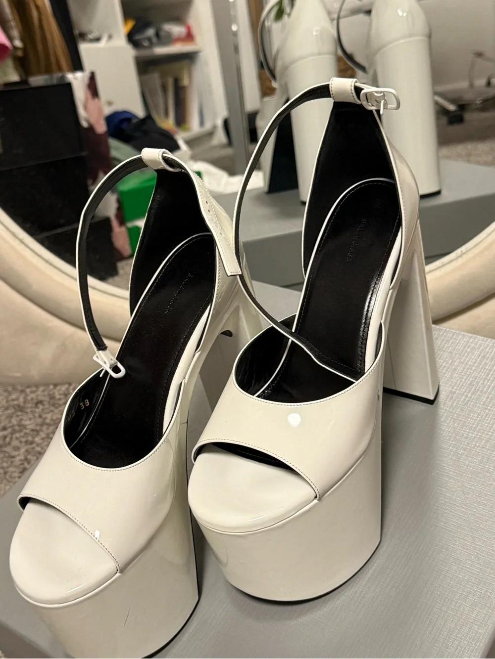 Balenciaga Women's White Patent Platform Peep-Toe Heels with Ankle Strap - Picture 2 of 6